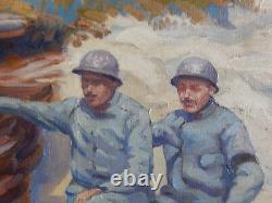 ANCIENT PAINTING Oil on Canvas Artillerymen Resting in a Trench Signed LAFITTE