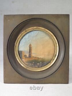 ANCIENT PRETTY MINIATURE OIL ON CANVAS ITALY GOUACHE 19th CENTURY