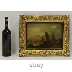 About 1900 Ancient Oil Painting Landscape With Boats 42x34 CM