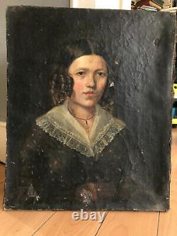 Ancien Portrait Of Oil Women On Toile Epoque 19th Louis Philippe 19th Hst
