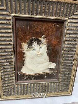 Ancien Table Oil On Chaton Chat Panel Signed End 19 Eme