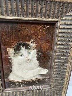 Ancien Table Oil On Chaton Chat Panel Signed End 19 Eme
