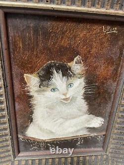 Ancien Table Oil On Chaton Chat Panel Signed End 19 Eme