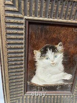 Ancien Table Oil On Chaton Chat Panel Signed End 19 Eme