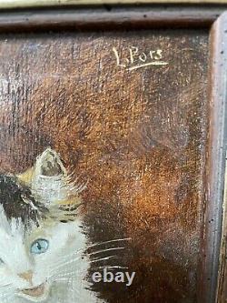 Ancien Table Oil On Chaton Chat Panel Signed End 19 Eme