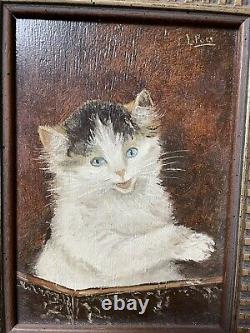 Ancien Table Oil On Chaton Chat Panel Signed End 19 Eme