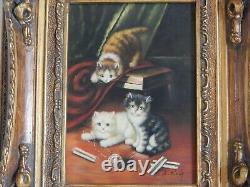 Ancien Table Oil On Panel Chats Kittens Signed