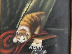 Ancien Table Oil On Panel Chats Kittens Signed