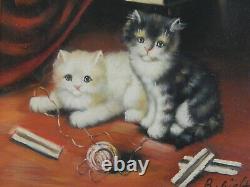 Ancien Table Oil On Panel Chats Kittens Signed