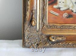 Ancien Table Oil On Panel Chats Kittens Signed