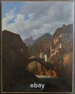 Ancien Table Oil Painting Animated Landscape Switzerland Early 19th Century, To Be Identified