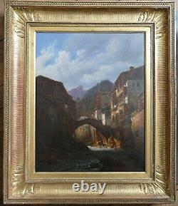 Ancien Table Oil Painting Animated Landscape Switzerland Early 19th Century, To Be Identified