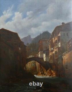 Ancien Table Oil Painting Animated Landscape Switzerland Early 19th Century, To Be Identified