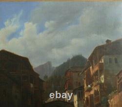 Ancien Table Oil Painting Animated Landscape Switzerland Early 19th Century, To Be Identified