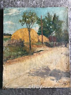 Ancienne Oil Peinture On Toile Landsage Foin Botts Debut 20th