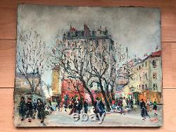 Ancienne Oil Peinture On Toile Parisian Place Animated 20th Paris