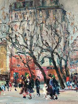 Ancienne Oil Peinture On Toile Parisian Place Animated 20th Paris