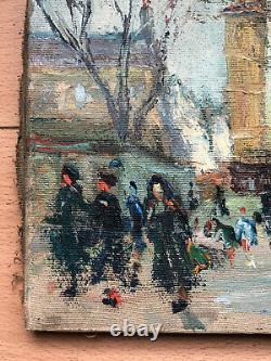 Ancienne Oil Peinture On Toile Parisian Place Animated 20th Paris