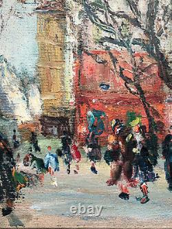 Ancienne Oil Peinture On Toile Parisian Place Animated 20th Paris