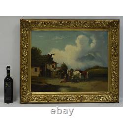Ancient 1880-1900 Oil Painting Landscape With Horses 85x72 CM