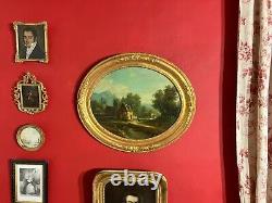 Ancient 18th century painting signed by Legrand, animated landscape, oval frame