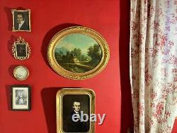 Ancient 18th century painting signed by Legrand, animated landscape, oval frame