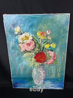 Ancient 1960 Painting Oil On Canvas Bouquet Of Flowers Signature To Identify