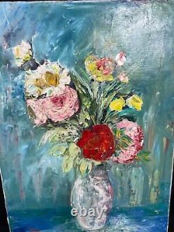 Ancient 1960 Painting Oil On Canvas Bouquet Of Flowers Signature To Identify