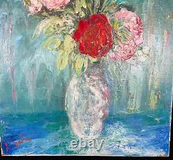 Ancient 1960 Painting Oil On Canvas Bouquet Of Flowers Signature To Identify