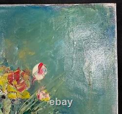 Ancient 1960 Painting Oil On Canvas Bouquet Of Flowers Signature To Identify