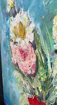 Ancient 1960 Painting Oil On Canvas Bouquet Of Flowers Signature To Identify