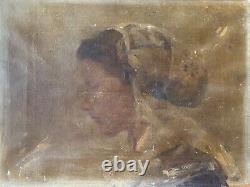 Ancient 19th Century Oil Painting on Canvas Portrait of a Young Woman in Profile