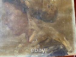 Ancient 19th Century Oil Painting on Canvas Portrait of a Young Woman in Profile