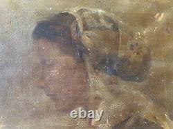 Ancient 19th Century Oil Painting on Canvas Portrait of a Young Woman in Profile