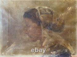 Ancient 19th Century Oil Painting on Canvas Portrait of a Young Woman in Profile