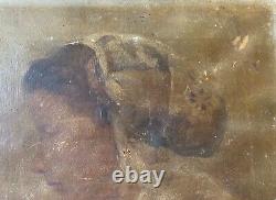 Ancient 19th Century Oil Painting on Canvas Portrait of a Young Woman in Profile