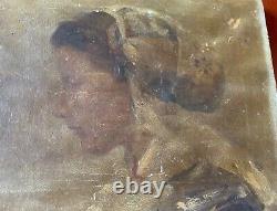 Ancient 19th Century Oil Painting on Canvas Portrait of a Young Woman in Profile