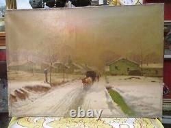 Ancient 19th Century Oil Painting on Canvas by Million: Snow Landscape with Horse-drawn Carriage