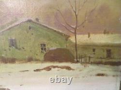 Ancient 19th Century Oil Painting on Canvas by Million: Snow Landscape with Horse-drawn Carriage