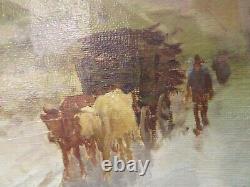 Ancient 19th Century Oil Painting on Canvas by Million: Snow Landscape with Horse-drawn Carriage