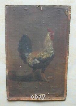 Ancient Animal Painting, Oil On Canvas, Rooster, 19th Century