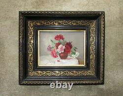 Ancient Beautiful 19th-century Painting Signed, Bouquet Of Flowers, Oillets, Napoleon III