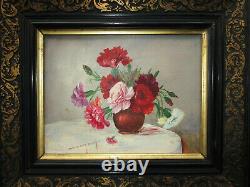 Ancient Beautiful 19th-century Painting Signed, Bouquet Of Flowers, Oillets, Napoleon III