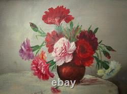 Ancient Beautiful 19th-century Painting Signed, Bouquet Of Flowers, Oillets, Napoleon III