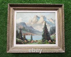 Ancient Beautiful Mountain Lake Painting Signed Montparnasse Style Frame 1950