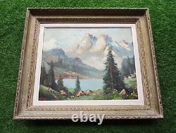 Ancient Beautiful Mountain Lake Painting Signed Montparnasse Style Frame 1950