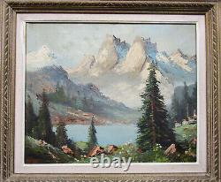 Ancient Beautiful Mountain Lake Painting Signed Montparnasse Style Frame 1950