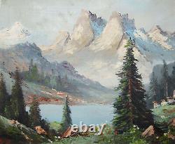 Ancient Beautiful Mountain Lake Painting Signed Montparnasse Style Frame 1950