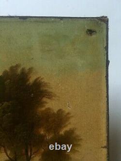 Ancient Clock Painting, Oil On Canvas To Restore, Painting, Landscape, 19th Century