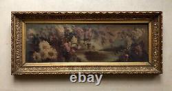 Ancient Framed Painting, Lakeside Landscape and Flowers, Oil on Panel 19th Century